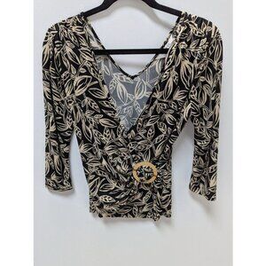 George Stretch Black/Light Brown Leaf Print Faux-Wrap Blouse